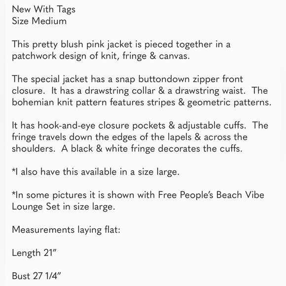 Free People Everything Nice Sugar Rose Pink Fringe Jacket M NWT - Picture 16 of 16